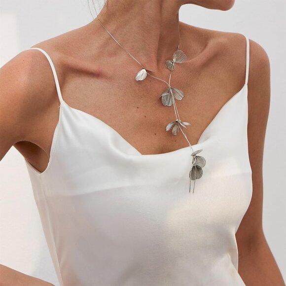 Women's Silver Ginkgo Leaves Choker Statement Long Tassel Beachy Party Necklace - Picture 4 of 9